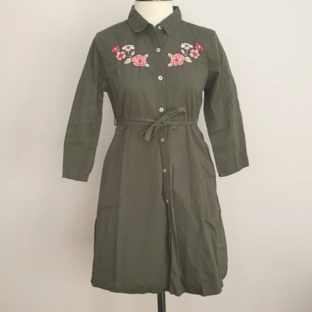 Wonder Nation Green Cotton Button Front Dress with Floral Embroidery, Size XL